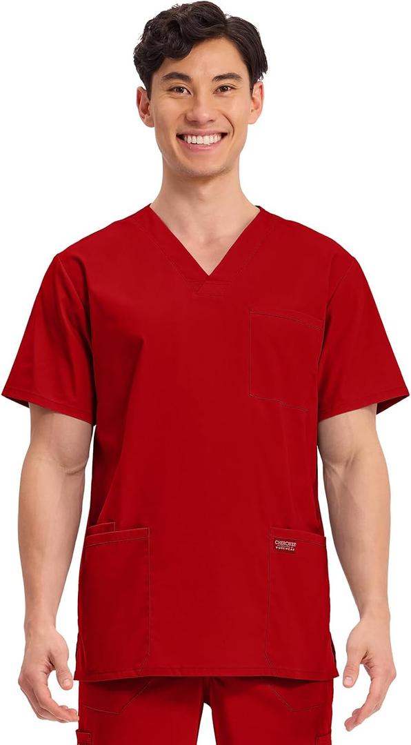 Cherokee Men's V-Neck Top Traditional fit with 4 Pockets, Ultra Soft, Durable, Fade Resistant, 2-Way Stretch Fabric - WW695 (Red, S)