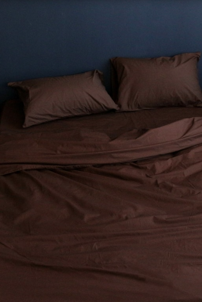 Cotton Bedding Set of 5 Pieces in Dark Brown. Flat Sheet, Fitted Sheet, Duvet Cover + 2 Pillowcases. Twin Full Queen AU EU Custom Bed Linen