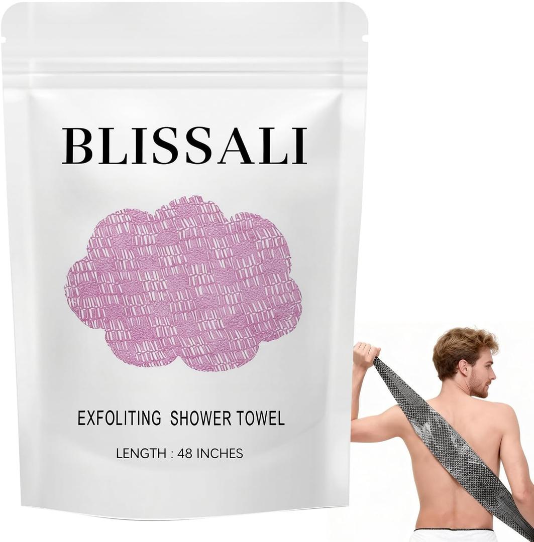 Blissal Exfoliating Shower Towel 47", Premium Scrub Wash Cloth for Body Face, Blissal exfoliating Towels-Body Scrubber with 2 Sides for All Skin Types (Pink)