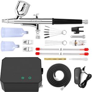 Gocheer Airbrush Kit with Air Compressor, 40 48 PSI High Pressure Air Brush Non-Clogging with 0.2/0.3/0.5mm Nozzle/Cleaning Sets, Ideal for Painting, Modeling, Cake Decor, Makeup (Black, 40 PSI)
