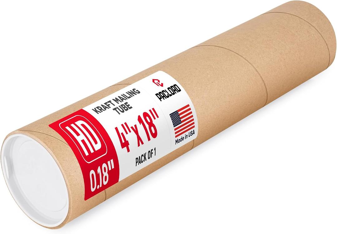 4" x 18" Heavy-Duty Reinforced Cardboard Mailing Tube, Pack of 1 Tube with 2 Caps – Secure USPS Approved – Great for Shipping and Storing of Prints, Artwork, Posters or Documents