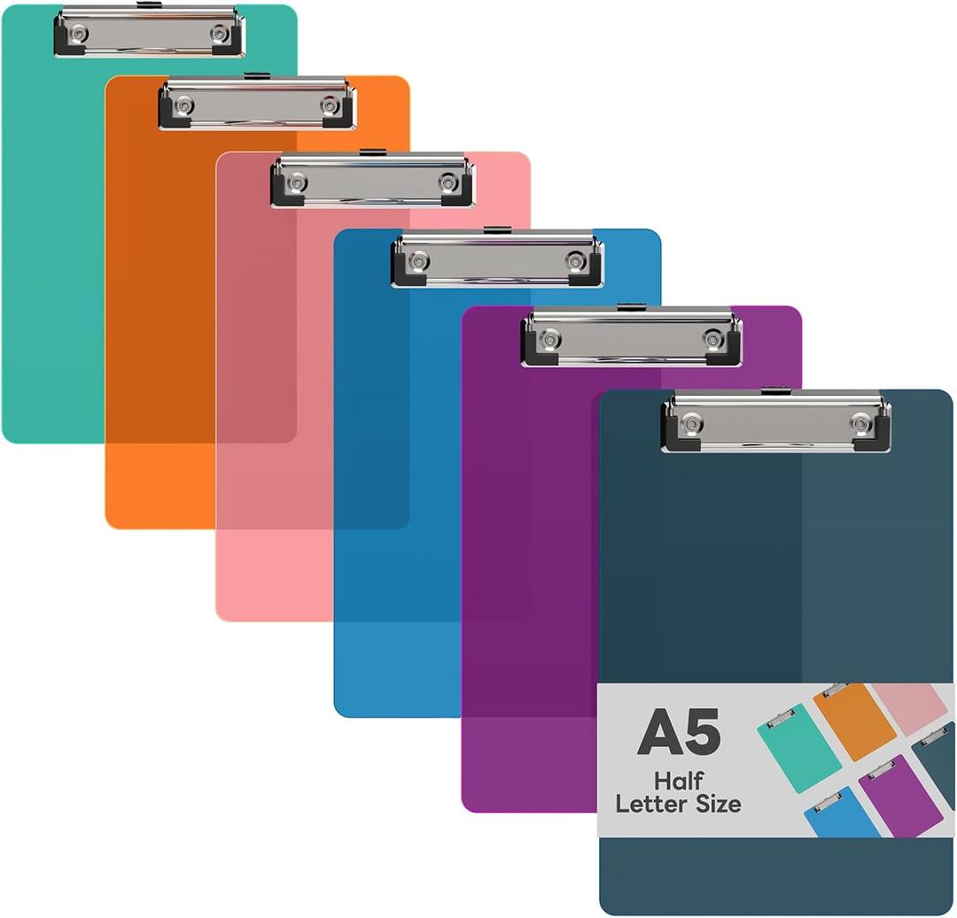6 x 9 Small Clipboard Set of 6, A5 Plastic Mini Colored Clip Boards with Low Profile Clip, Half-Letter Size for Classroom, Teacher, Students, School & Office Supplies (Teal/Purple/Blue/Pink/Orange/Green)