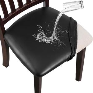 YISUN Chair Seat Covers Set of 4, Pu Leather Waterproof Dining Room Chair Covers, Stretch Chair Cover for Dining Room Chair Protector Slipcover for Kitchen, Hotel (Pu Black, 4)