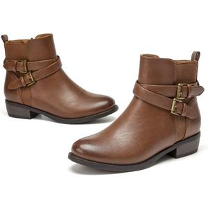 VJH confort Women's Ankle Boots,Round Toe Low Heel Comfort Elastic Booties with Side Zipper Buckle Strap (12, Brown)