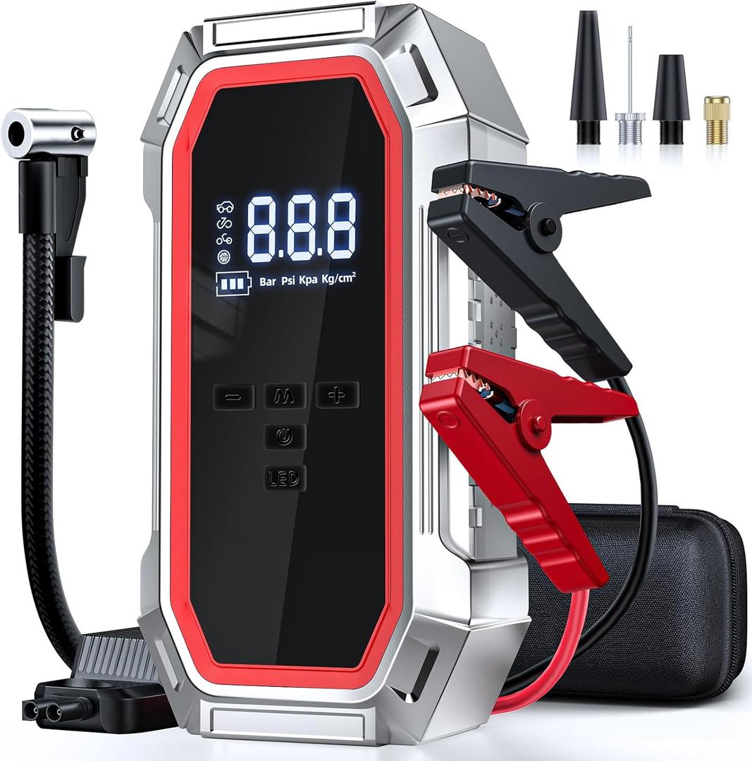Jump Starter with Air Compressor, 5000A 150PSI Car Battery Jump Starter (9.0 Gas/8.0L Diesel), 12V Jump Box Car Battery Jumper Starter Portable with Jumper Cables, LCD Display, Lights (Red)