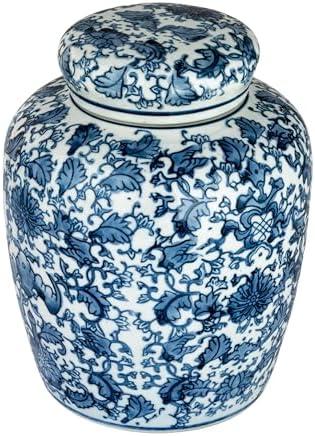 Decorative Blue and White Ceramic Ginger Jar with Lid