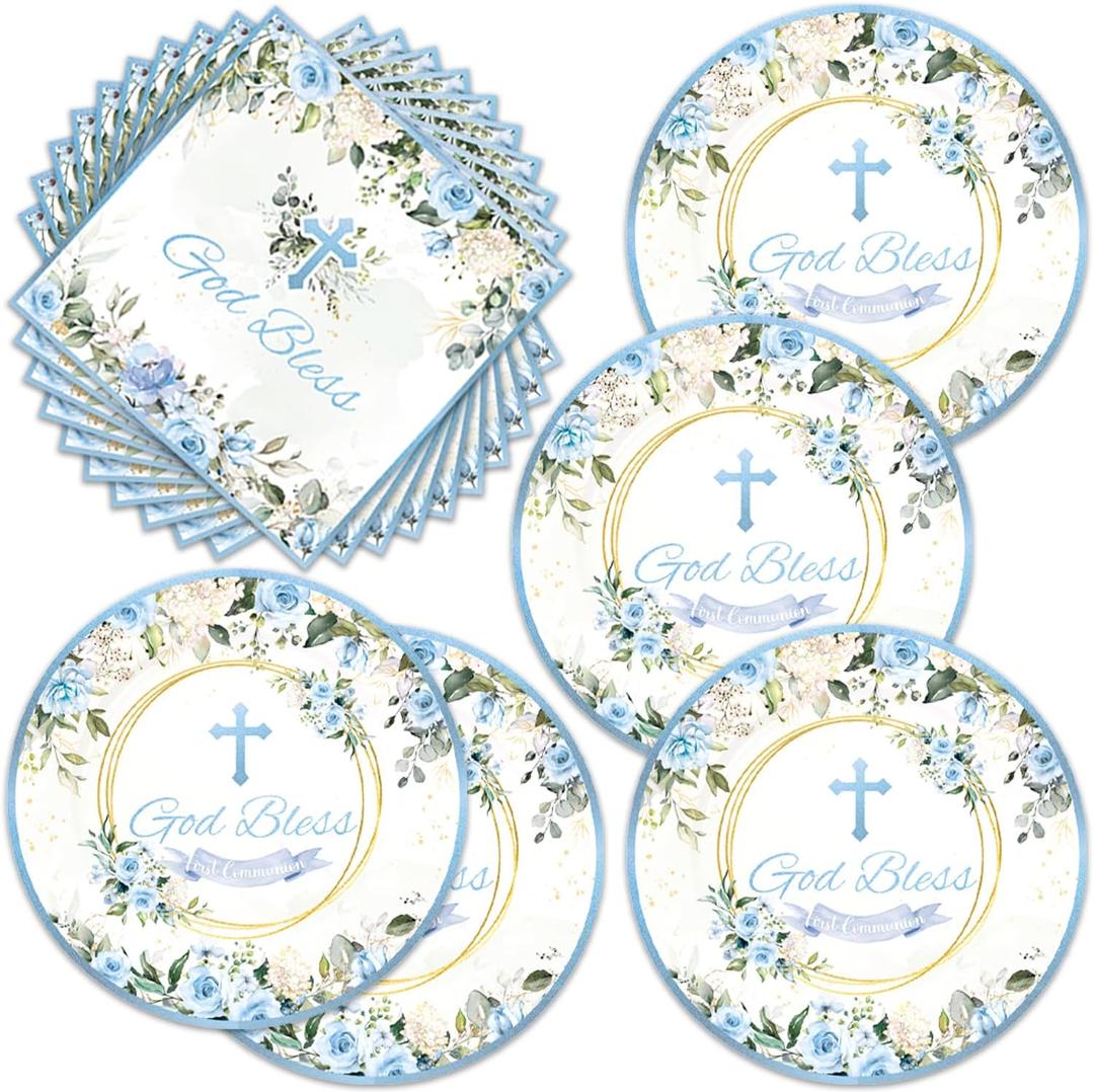 40pcs Blue God Bless Party Supplies Tableware Set First Communion 20 Plates and 20 Napkins for Newborn Baptism Church Party Decoration Serve 20 Guests