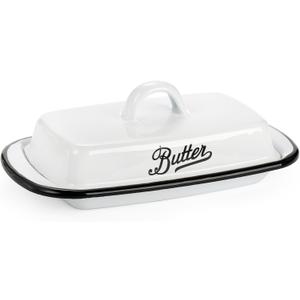Enamel Butter Dish with Lid, Vintage Enamelware White Butter Tray Black Rim Butters Holder, Unbreakable Metal Butters Keeper Container with Cover for Countertop, Refrigerator