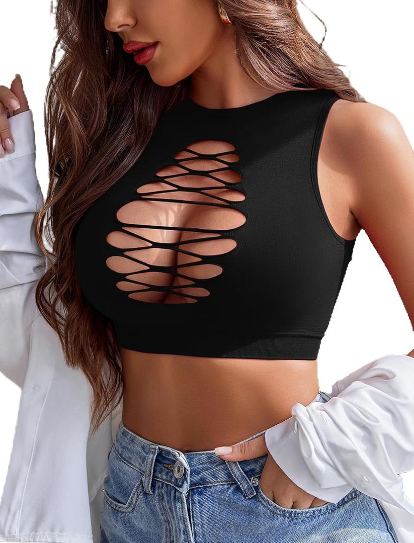 Avidlove Women's Fishnet Top Sexy Cut Out Crop Short Hollow Out Cropped Tank Top(S M L) (Black, M)
