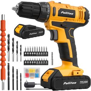 PULITUO 20V Cordless Drill/Driver Kit, 3/8" Keyless Chuck, 2 Variable Speed, 266 In-lb Torque, LED Light, Yellow