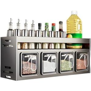 Kitchen Spice Rack, Kitchen Organizer and Storage Rack with 4 Spoons, Spice Organization for Cabinets Punch-free Wall/Countertop Home Decor Multifunctional Double Layer 4 Grid Condiment Rack, Gray