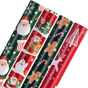 Christmas Wrapping Paper for Gifts (4 Rolls: 148 sq. ft. ttl) Funny Candy Cane Santas, Reindeer, Christmas Tree, Snowflakes - 30 inches x 14.8 feet Per Roll - Christmas Elements Collection