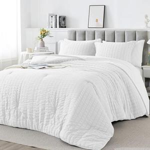 HYLEORY King Size Seersucker Comforter Set - 7 Pieces Reversible Comforters Bedding Sets, All Season Bed in a Bag with Comforter, Sheets, Pillowcases & Shams White