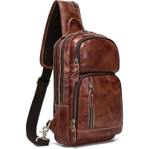 LANNSYNE Full Grain Leather Sling Bag For Men Crossbody Chest Daypack fits 10.5" iPad