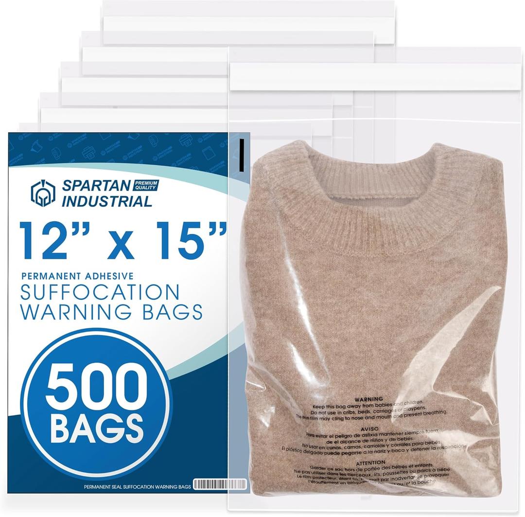 Spartan Industrial - 12" X 15" (500 Count) Self Seal Clear Poly Bags with Suffocation Warning for Packaging, Clothes - Permanent Adhesive