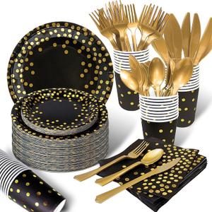 AIRE 175PCS Black and Gold Paper Plates Party Supplies for 25 Guests Disposable Party Decorations Dinnerware Golden Dot Black Paper Plates Napkins Cups Gold Plastic Forks Knives Spoons for Mothers Day