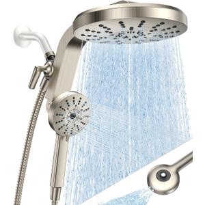 High Pressure Rain Showerhead Combo, Magnetic Shower Head Set with Detachable 8-Mode Handheld Shower Spray, Adjustable Angle Dual Showerhead with Built-in Magnetic Docking, Power Jets Brushed Nickel