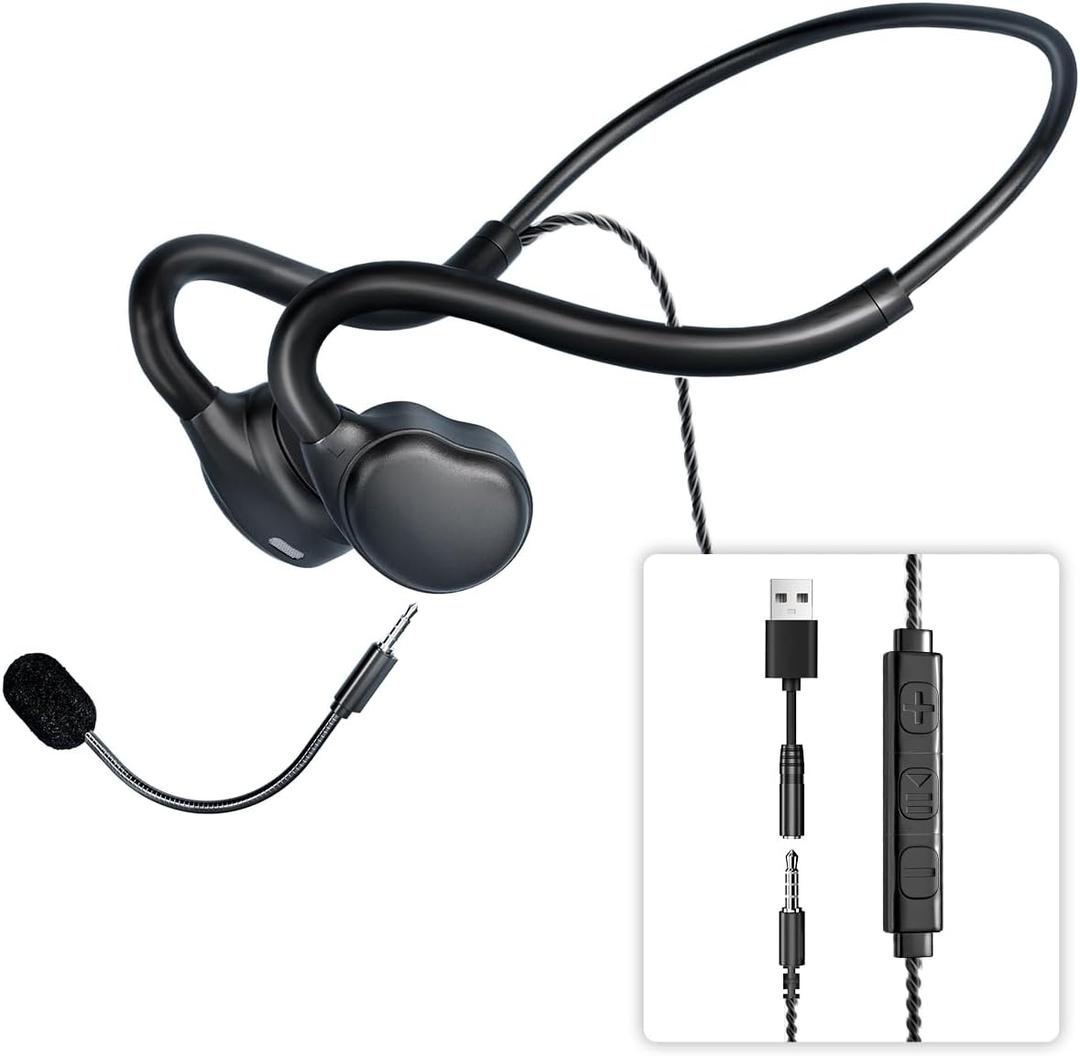 Open Ear Headphones with Microphone Detachable, Crystal Cable, 3.5mm + USB Wired Audio Control- Black