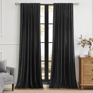 PRIMROSE Black Curtains 96 inch for Living Room Velvet Drapes Blackout Rod Pocket Back Tab Window Treatment Semi Room Darkening Decor Curtains for Bedroom Set of 2 Panels