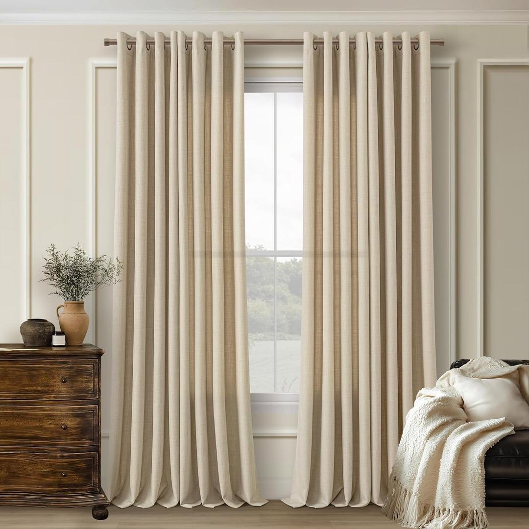 Sand Oatmeal Linen Drapes 108 Inches Long 2 Panels for Living Room Bedroom Flax Semi Sheer Extra Long 108 Inch Curtain Farmhouse Country Light Filtering Grommet Linen Curtain for Ceiling Floor 9 Ft