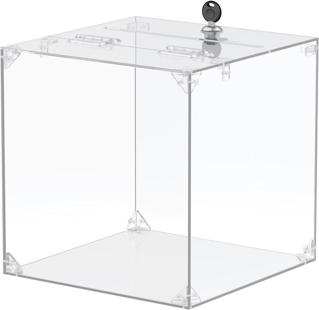 Uniclife Clear Acrylic Donation Box with Lock, 9.8" x 9.8" x 9.8", Large Square Suggestion Box with Slot and Lock, Plastic Ballot Box Raffle Box Storage Container for Fundraising Voting Charity