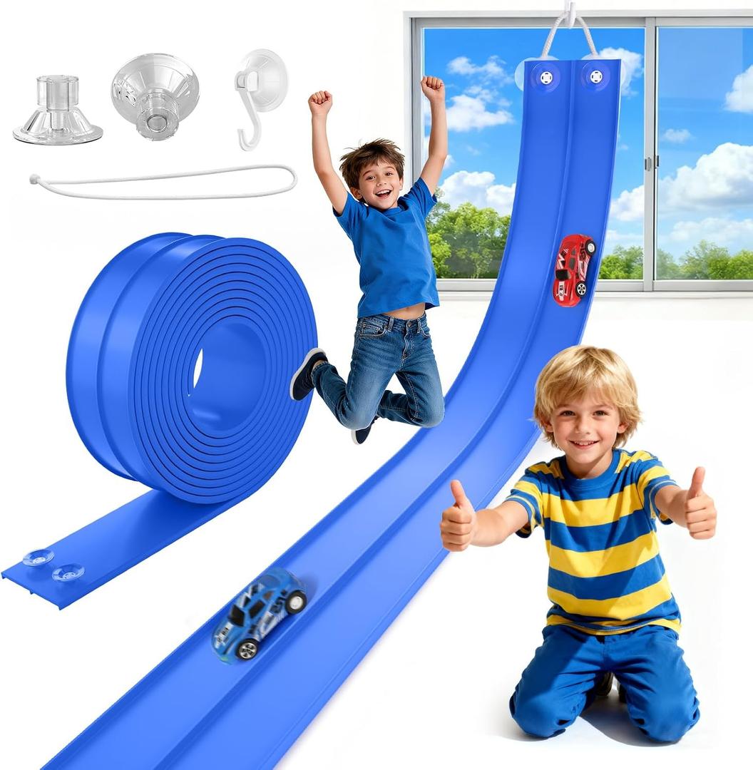 TAEMVV Flexible Race Track Gift for Kids, 15 Ft Car Track Set, Solid Blue | Compatible with Hot Wheels 1/64 Diecast Cars, Reinforced Suction Cup for Boys Girls 3+, 15 FE