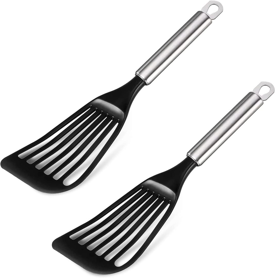 2pcs -Tenta Kitchen Nonstick cookware Thin Slotted Egg Spatula Turner Flexible Nylon Metal Fish Spatula, Wide Blade Lightweight Heat Resistant with Long and Thickness Stainless Steel Handle. (2PCS) (Spatula Set of 2)