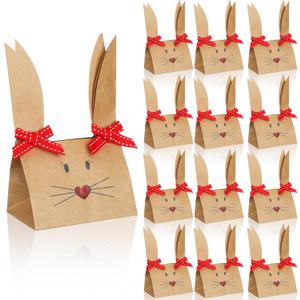 Affrolling 24 Set Easter Bunny Party Favor Bags DIY Bunny Gift Boxes with Red Bow Ribbon Rustic Paper Rabbit Ears Treat Goodie Bags Bulk for Easter Spring Birthday Supplies