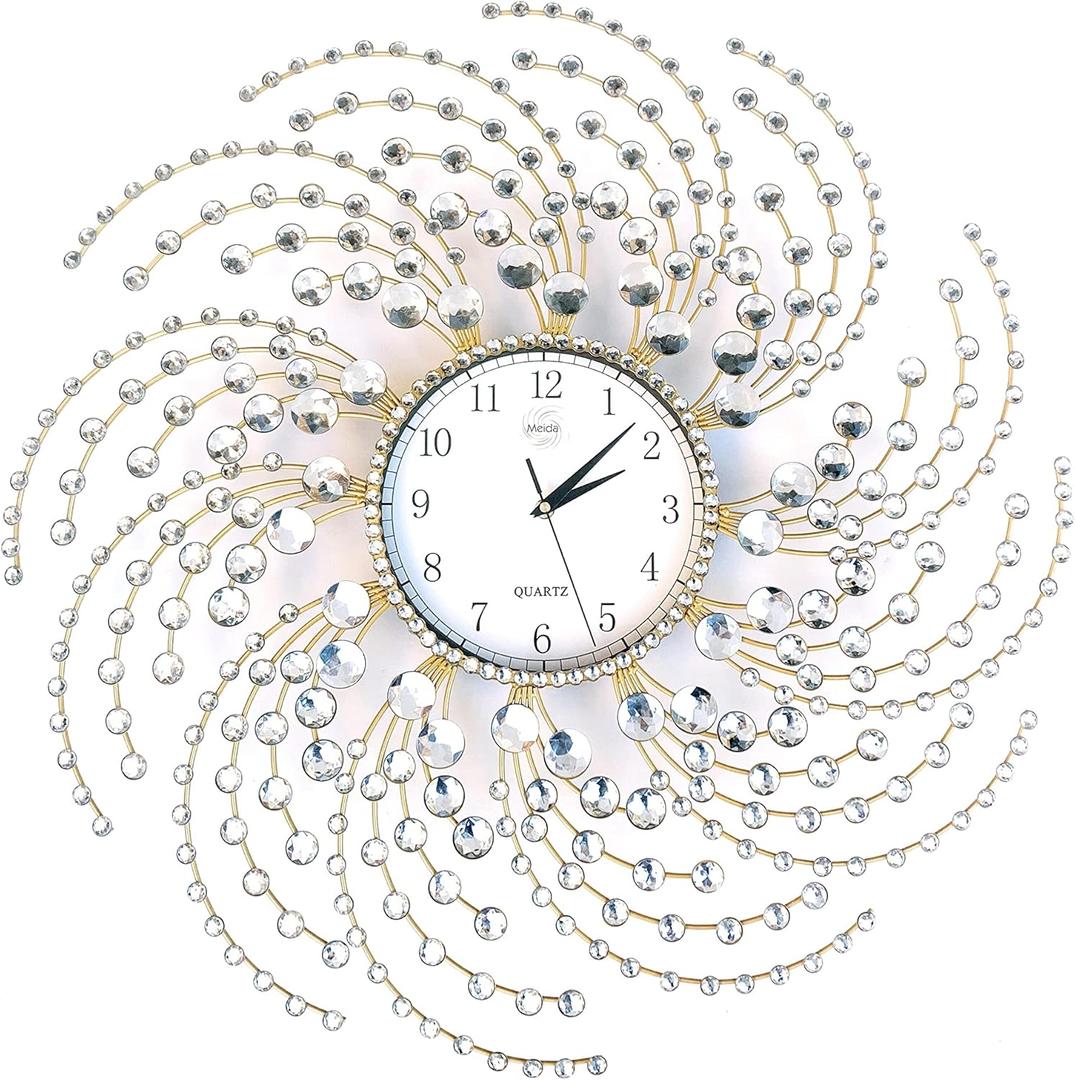 Large Wall Clock Handmade Crystals Decorative Gold Metal Framed