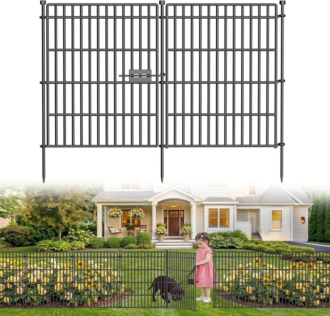 10 Panels No Dig Garden Fence with Gate, 28in(H) × 19.6ft(L) Decorative Metal Outdoor Dog Fence, Rustproof Pet Fencing for Yard, Patio, Flower Bed -Temporary Fencing| Easy to Install
