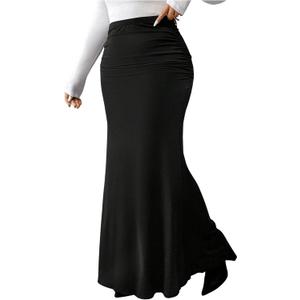 Women's Plus Size Fishtail Knitted Skirt High Waisted Ruched Long Skirts (4X-Large Plus, Black)