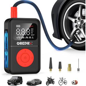 GREPRO Tire Inflator Portable Air Compressor, 160 PSI Portable Air Pump with Digital Pressure Gauge, LED Light, and Multiple Adapters for Car, Motorcycle, Bicycle, and Other Inflatables