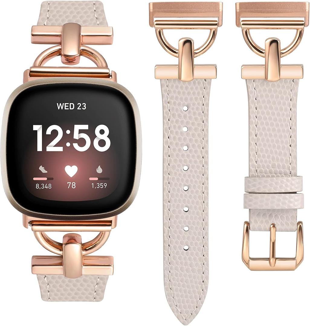 Wearlizer Leather Band Compatible with Fitbit Versa 4 Bands for Woman/Versa 3/Sense 2/Sense Bands Women, Dressy Leather Strap with D-Shape Metal Buckle Smartwatch Wristband