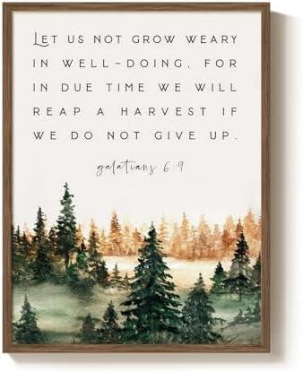 Framed Christian Wall Art, Galatians 6:9 Scripture Canvas Print, Rustic Bible Verse Artwork for Living Room Bedroom Office, 12x16 Inch