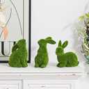 Resin Flocked Bunny Figurines Set of 3, Artificial Green Moss Bunnies for Easter Decor, Small Decorative Rabbit Statues for Home Decor, Spring Tabletop Centerpiece, Outdoor Decorating