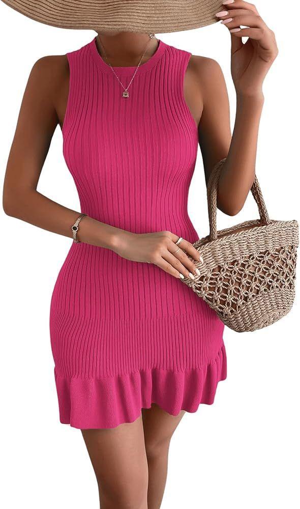 MakeMeChic Women's 2025 Summer Dress Casual Crochet Ribbed Knit Ruffle Hem Sleeveless Bodycon Tank Mini Dresses Pink S