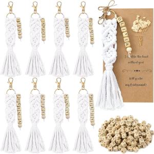 8 Sets Bridesmaid Proposal Gift Boho Macrame Keychains DIY Name Craft Keychain Making Bridesmaid Bridal Shower (White)