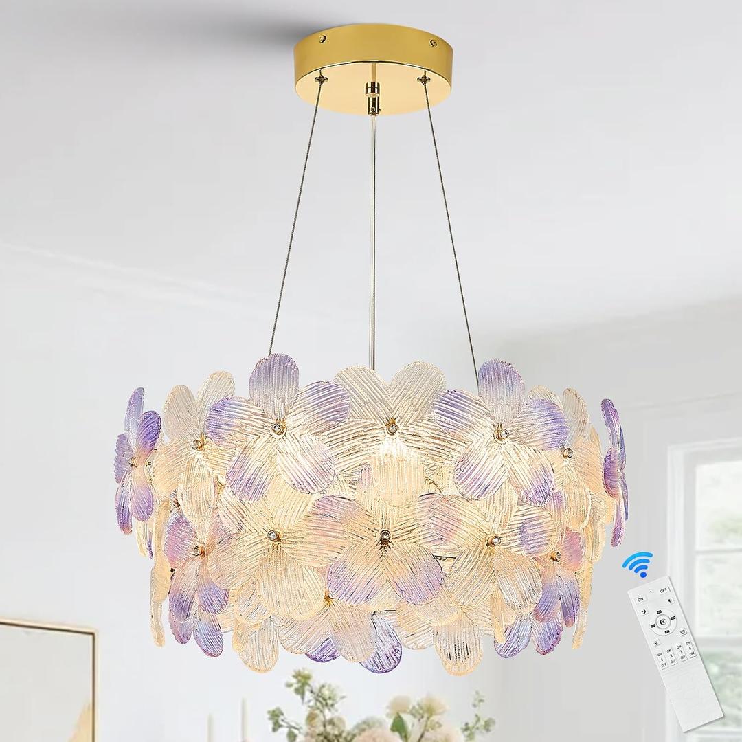 Modern Purple Flower LED Chandelier 20'' Gold Elegant Crystal Lighting for Dining Room Dimmable Ceiling Pendant Light Fixture with Remote Control for Entryway Bedroom Kitchen(3000K-6500K)
