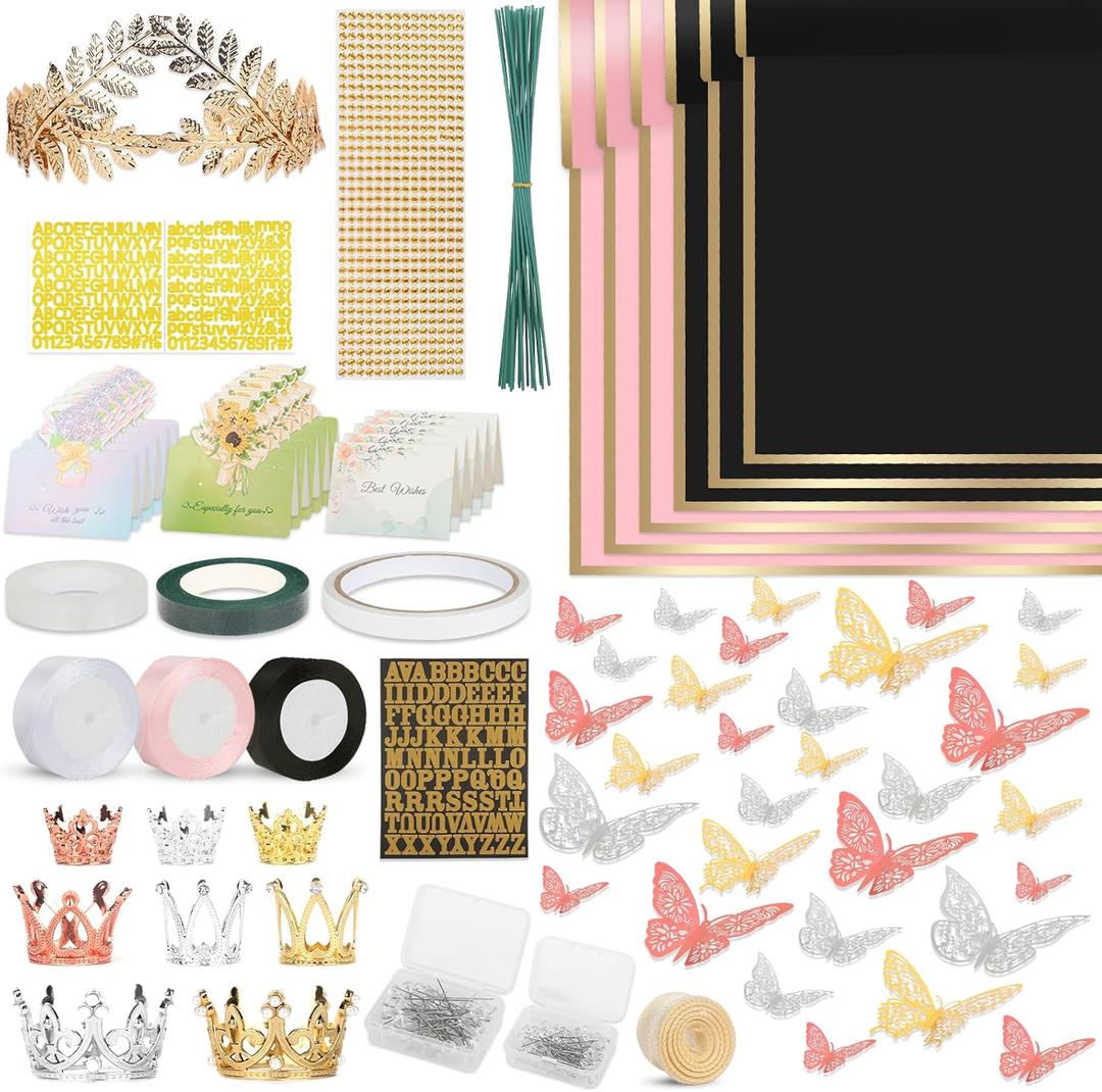 260Pcs Flower Bouquet Wrapping Paper Kit, 60 Sheets Waterproof Paper, 36 Butterflies, 8 Crowns, 1 Headband, 4 Ribbons, 15 Cards, 100 Diamond Pins, 30 Floral Wire, 3 Stickers, 3 Tapes (Black & Pink) (260 Pieces Set)