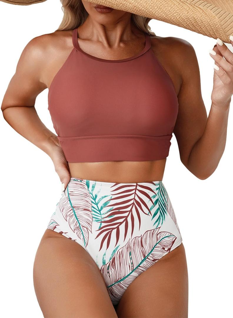 Herseas Women's Bikini Sets High Neck Tropical Leaf Print High Waisted Two Pieces Swimsuits Bathing Suits Large
