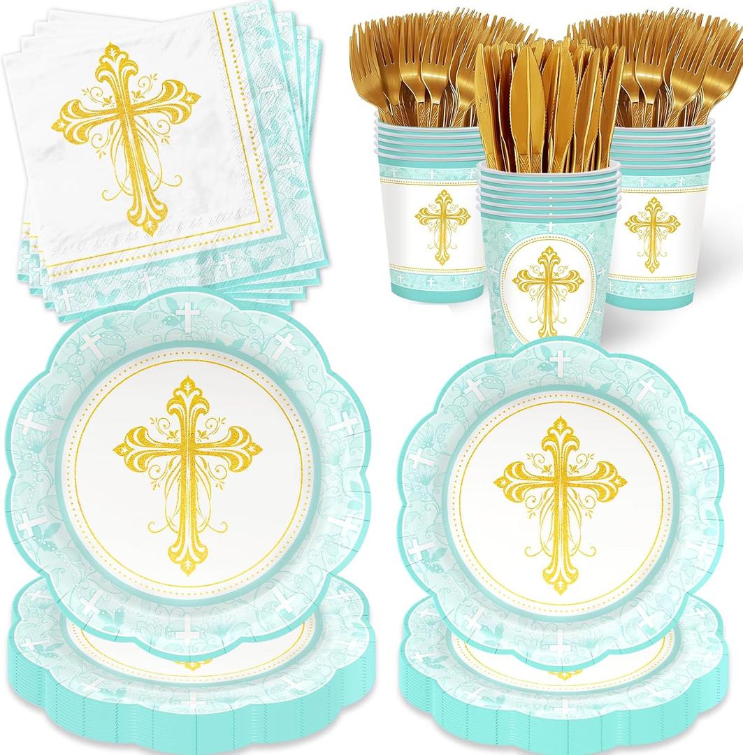 First Communion Decorations Baptism Plates and Napkins Serves 25, First Holy Communion Party Supplies God Bless Religious Christening Ceremony Baptism Decorations