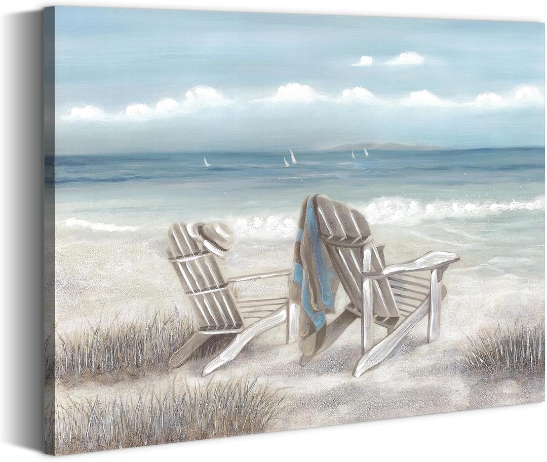 Abstract Beach Canvas Wall Art: Nature Blue Coastal Sea Painting Modern Ocean Scenery Hand Painted Shoreline Artwork Contemporary Seascape Picture Seashore Wave Seaside Print for Bedroom, 24"L x 18"W