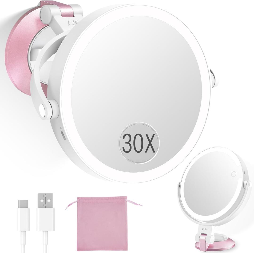 vpu 30X/1X Wall Mounted Magnifying Makeup Mirror with Power Suction Cup, Rechargeable Double Sided Regular HD/Magnification 3 Color Modes Adjustable Brightness Mirror with Lights for Bathroom, Travel