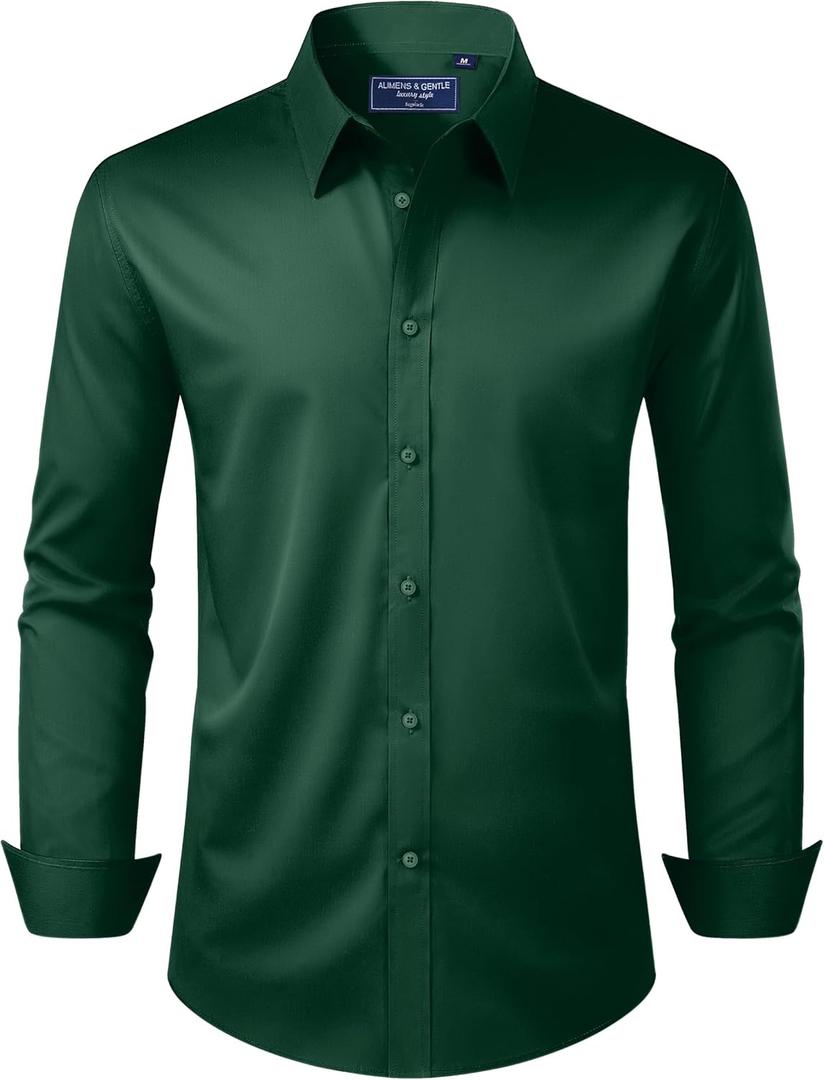 Alimens & Gentle Men's Dress Shirt Regular Fit Stretch Stain Shield Long Sleeve Solid Business Wedding Button Down Shirts (Green, XL)