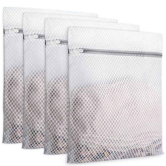 4 PCS Durable Honeycomb Mesh Laundry Bags for Delicates with Zipper, 12 x 16 Inches Reusable Laundry Bag Mesh Wash Bags for Washing Machine for Clothes, Shoes, Socks, Underwear, Bra (M, White)