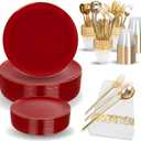 MirthMood 210pcs Red Plastic Plates, Disposable Red Gold Party Plates, Include 30 Dinner, Dessert Plate,30 Cup&30 Napkins, 90 Gold Silverware for Wedding & Party & Birthday Plum Red