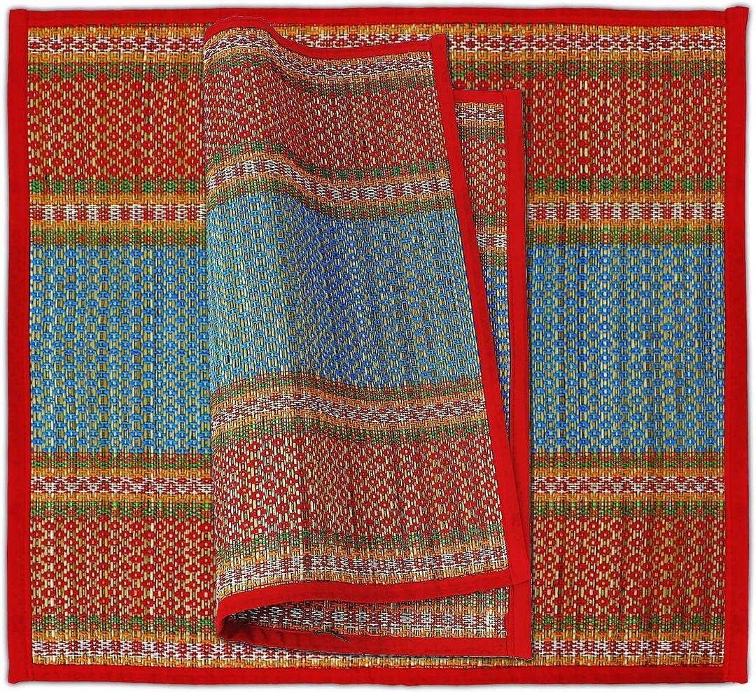 Natural River Grass Handcrafted Pooja Meditation Prayer Floor Mat Set, Multicolor Striped Pattern, 18x18 Inches, (Set of 2)