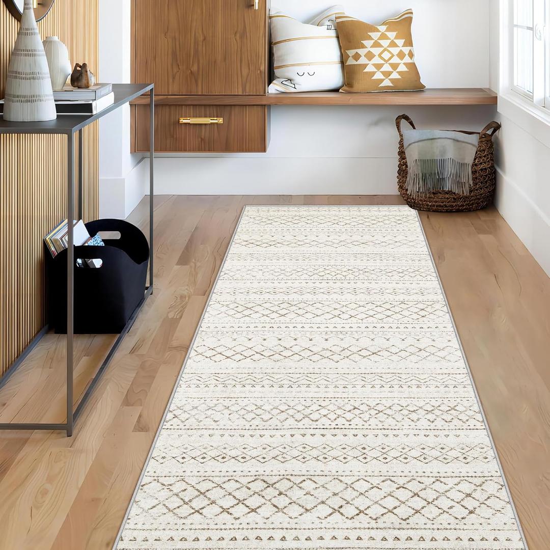 Runner Rug 2x5 Boho Geometric Area Rugs: Small Washable Kitchen Entryway Rug, Soft Non Slip Moroccan Long Hallway Rugs for Bedroom Bathroom Laundry Entryway Staircase Foyer(Brown,2X5)
