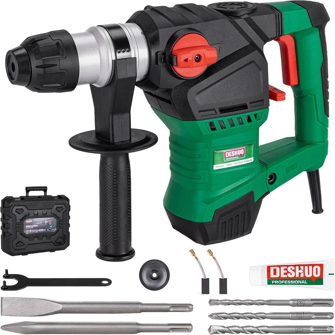 1-1/4" SDS-Plus Rotary Hammer Drill, 12.5 Amp 3 Functions Corded Vibration Control Rotomartillo with Safety Clutch for Concrete, Includes 3 Drill Bits, 2 Chisels, Carrying Case