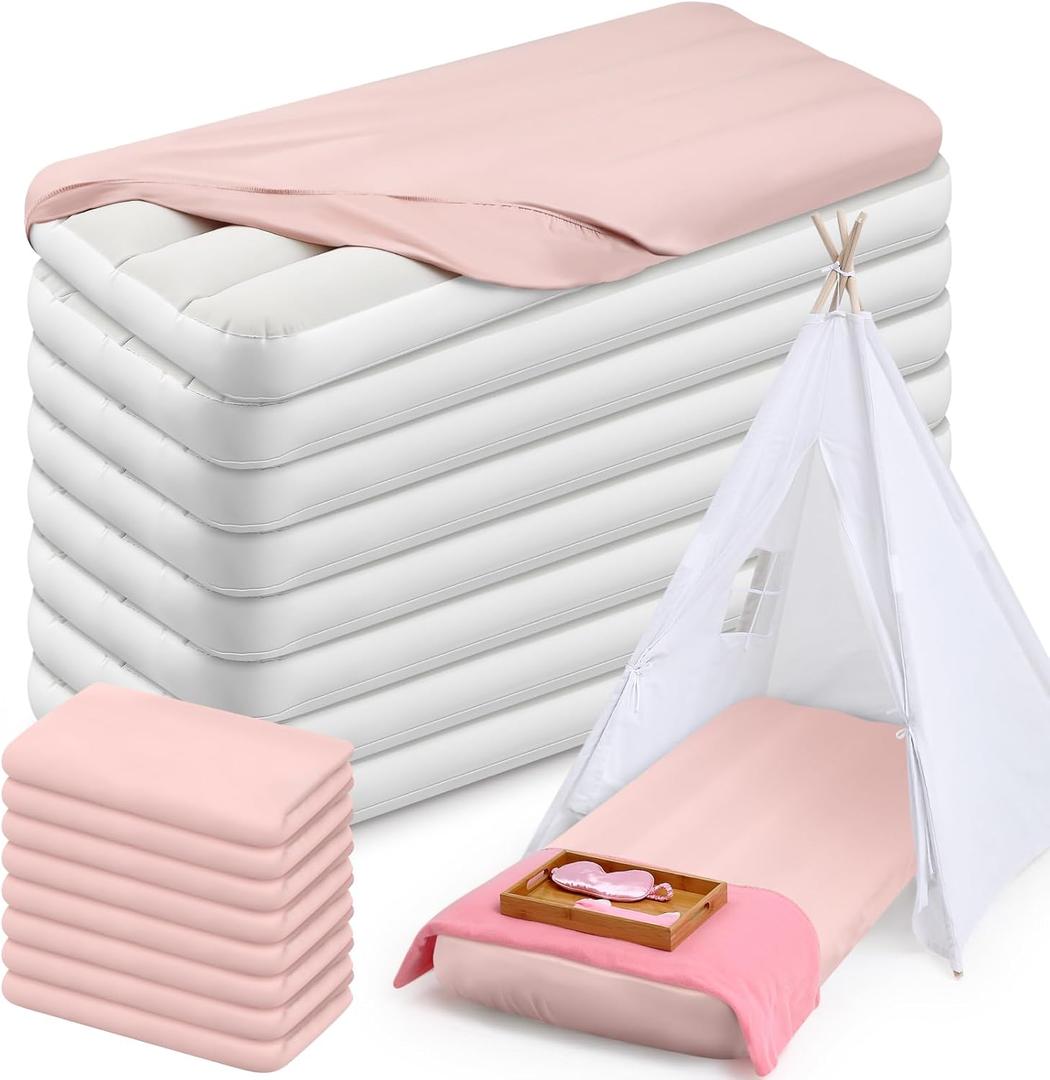 Windyun 8 Sets Kids Air Mattress Bulk with Fitted Sheet, Toddler Inflatable Bed 63 x 27 x 8 Inches Blow up Airbed Camping Sleeping Pad for Aged 3-10 Birthdays Slumber Sleepover Party (Pink), about 63 x 27 x 8 inches